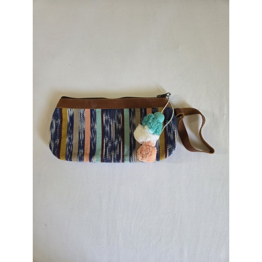 Nena Co Leather Clutch Wristlet Teal & Peach Stripped With Pom EUC